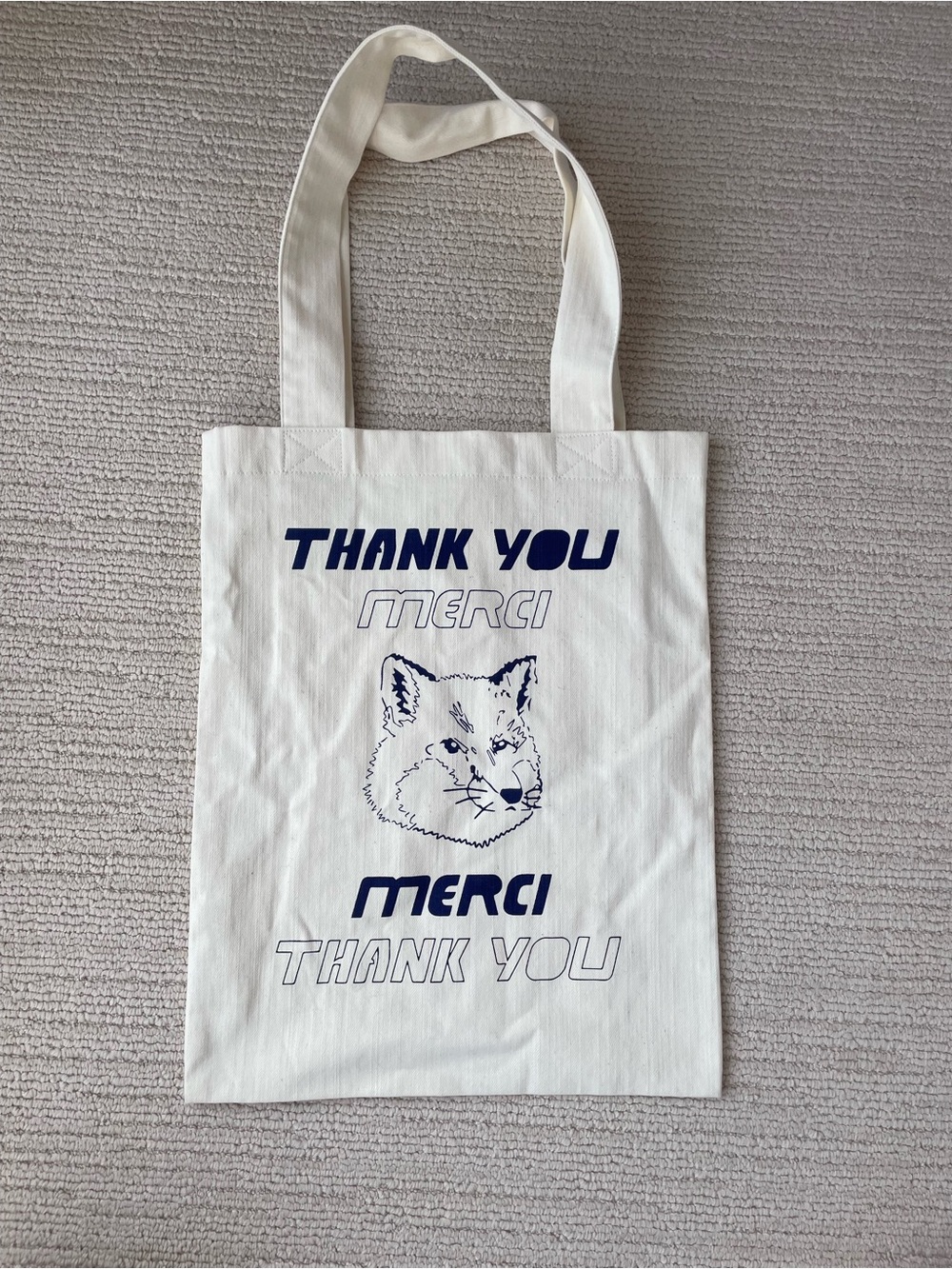 Thank You Merci Fox Graphic Canvas Tote in White with Navy Print